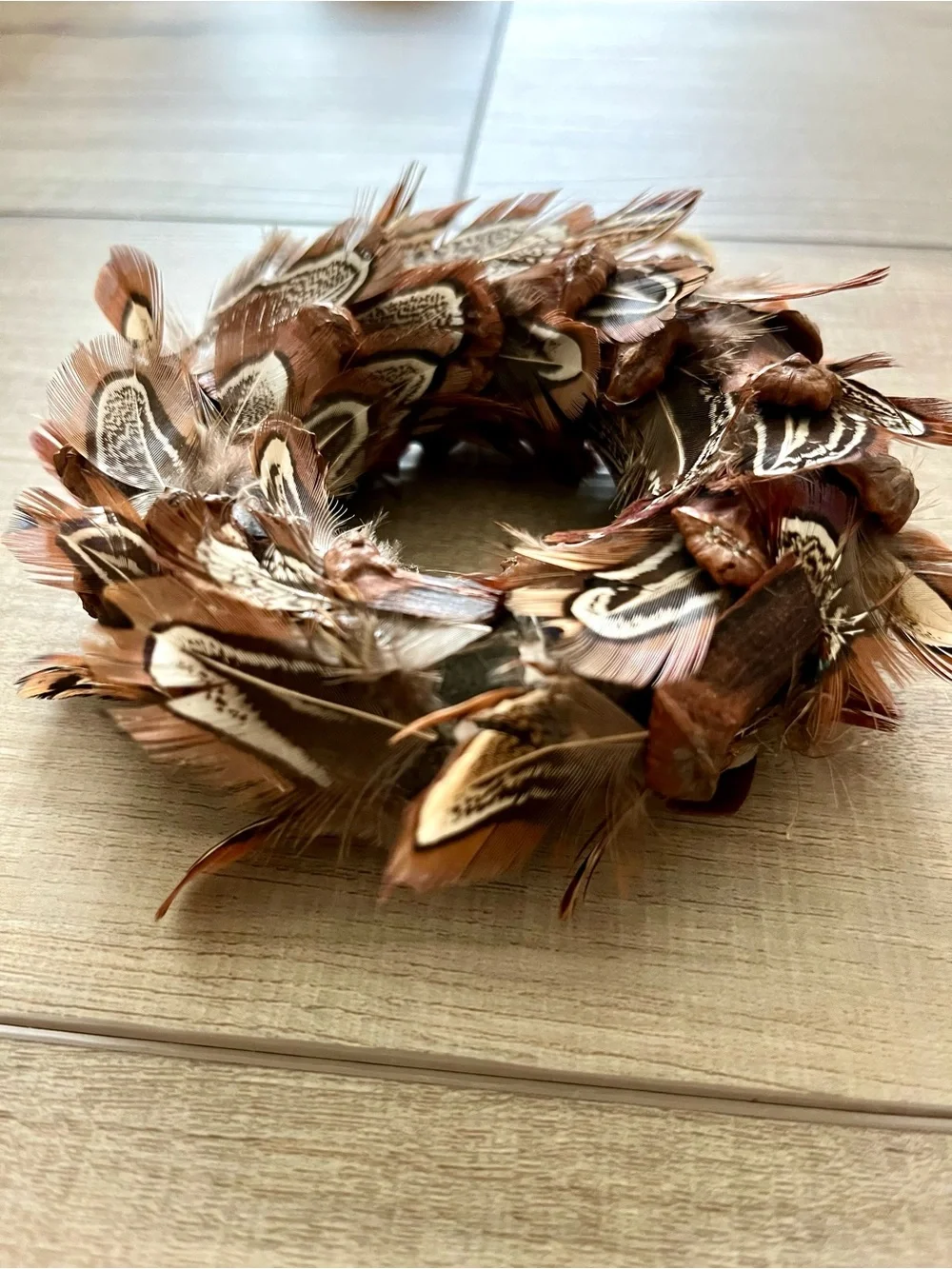 Handmade Natural Brown Pheasant Feather Holiday Ornament Wreath